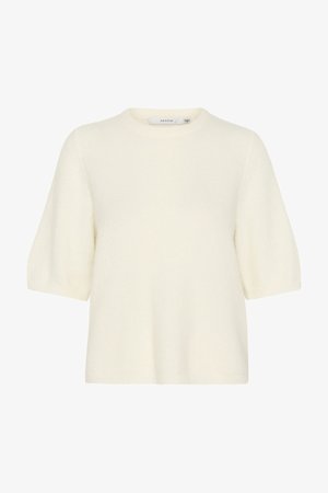 Sweater de manga curta e decote redondo feito de um material macio e felpudo na cor off-white. Apresenta um corte descontraído com punhos e barra canelados.