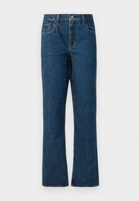 Donkerblauwe denim jeans met een rechte pijp, voorzien van vijf zakken, een middelhoge taille en contrasterende stikdetails.