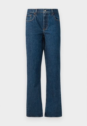 Dunkelblaue Denim-Jeans mit geradem Bein, ausgestattet mit fünf Taschen, einem mittelhohen Bund und kontrastierenden Nähdetails.