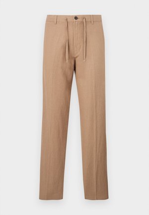 Bež hlače s ravnimi hlačnicami, z zankami za pas, zapenjanjem na gumb, sprednjo zadrgo in tkanim vrvicem na pasu.