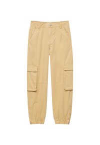 Khaki spodnie cargo z elastycznym paskiem, zwężanymi mankietami, bocznymi kieszeniami oraz dwiema dużymi kieszeniami z klapą. Wykonane z lekkiego materiału.