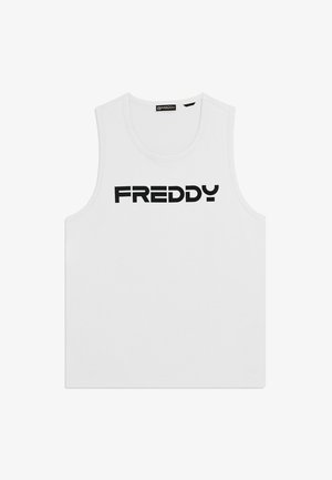 Débardeur blanc sans manches avec logo "FREDDY" noir centré sur la poitrine, encolure ronde, et étiquette de la marque visible à l'intérieur du col.