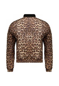 Lepelpatroon bomberjack met een zwarte kraag, elastische manchetten en zoom; gladde stof; heeft een symmetrisch ontwerp in bruin en tan.