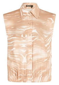 Blusa de manga corta en tejido melocotón con patrones abstractos blancos, cierre de botones y dobladillo fruncido. Material suave y ligero.