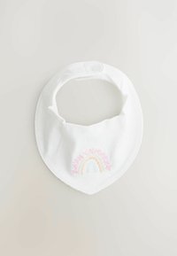 Bavoir en coton blanc avec un design de broderie arc-en-ciel dans des couleurs pastel. Dispose d'une fermeture à bouton et d'une texture douce. Lavable en machine.