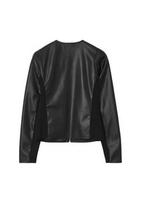 Giacca in pelle nera con maniche lunghe, caratterizzata da pannelli in pelle testurizzata e una cerniera all'orlo. Design liscio e aderente.