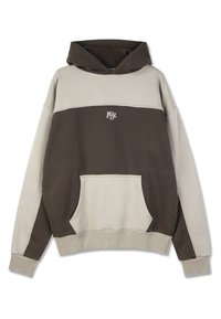 Hættetrøje med et farveblok design, der har brune og cremefarvede paneler. Inkluderer en frontlomme samt ribbet kant og ærmer.