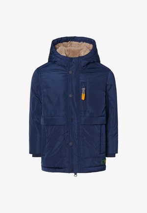 Marineblå polstret vinterjakke med hætte, foret med beige fleece, snapknapper foran, lynlås brystlomme med trækflap og ribbede mansjetter.