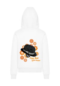 Weißer Kapuzenpullover mit einem grafischen Motiv eines schwarzen Zylinderhuts, umgeben von orangen Zahnrädern, mit dem Text "Viddy Well" und "little Brother" in oranger Schrift.