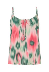 Bezramionkowy top w wzór tie-dye, w odcieniach różu, zieleni i kremu. Lekki materiał z detalem w postaci wiązania z przodu.