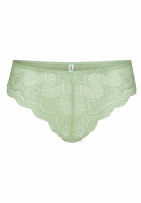 Spitze Slips in Hellgrün mit gewelltem Rand und eingewebten geometrischen Mustern. Weicher Stoff mit zarten Blumenakzenten.