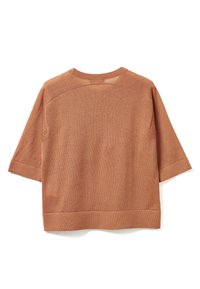 PulOver v barvě rezavého odstínu s krátkými rukávy, kulatým výstřihem a žebrovaným lemem. Strukturovaná tkanina s měkkým, lehce volnějším střihem.