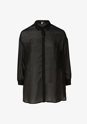 Zwart shirt met lange mouwen gemaakt van doorschijnende stof met een gestippeld patroon. Voorzien van een knoopsluiting aan de voorkant en een klassieke kraag.