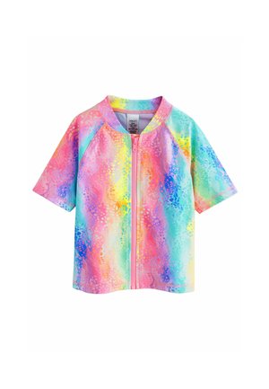 Kinderjas met korte mouwen en ritssluiting aan de voorkant in een fel tie-dye patroon van roze, blauw, geel en groen.