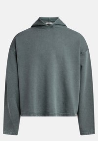 Grijze-groene cropped hoodie van een textuurstof, met lange mouwen en een driehoekige capuchon. Heeft een gestikte zoom en een label aan de zijkant.