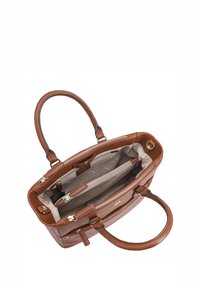 Sac à main en cuir marron avec une forme structurée, double poignées, fermeture éclair et intérieur beige comprenant plusieurs compartiments et poches.