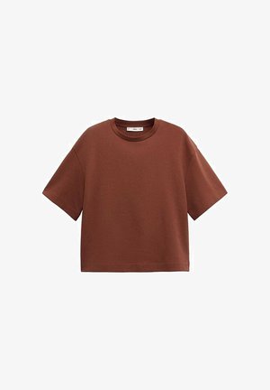 Braunes kurzärmeliges T-Shirt mit Rundhalsausschnitt, entspannter Passform und geradem Saum, präsentiert vor weißem Hintergrund.