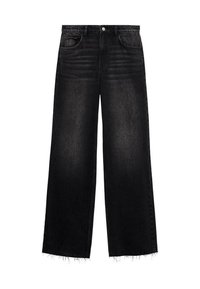 Black wide-leg jeans made from denim. Features a high waist, five-pocket design, and frayed hem with a slight fading effect. Regular fit.