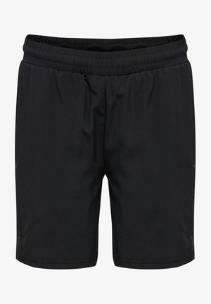 Schwarze Sportshorts aus leichtem Material, mit elastischem Bund, glatter Textur und seitlichen Schlitzen für Bewegungsfreiheit.