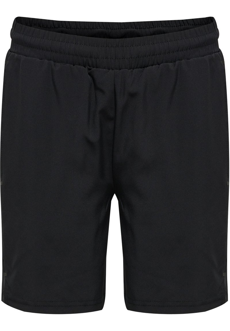 Shorts sportivi neri realizzati in tessuto leggero, caratterizzati da una vita elastica, una superficie liscia e spacco laterale per facilitare i movimenti.