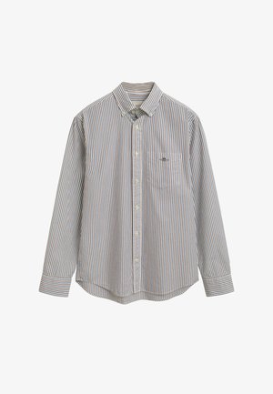 Langärmliges Hemd in Weiß mit blauen und orangefarbenen vertikalen Streifen. Mit einer Brusttasche und klassischem Kragen-Design.