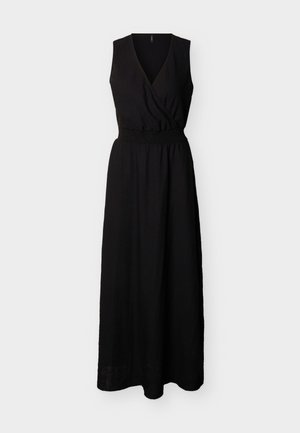 Sleeveless black maxi dress with V-neck wrap bodice and elasticized gathered waist, flowing skirt, displayed on plain background.