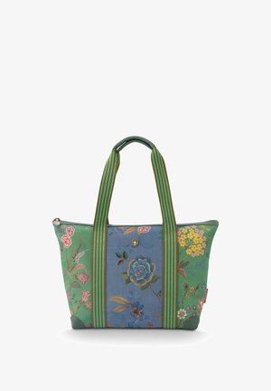 Draagtasje met groene en blauwe bloemenstoffen panelen, groene gestreepte handvatten en een ritssluiting, met diverse kleurrijke bloemen.