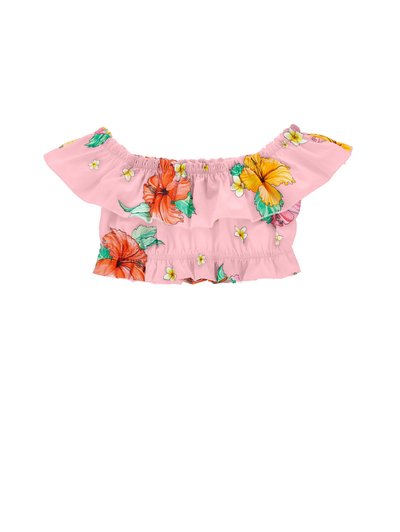 Ροζ crop top με ακάλυπτους ώμους, με βολάν στα χείλη και πολύχρωμο λουλουδάτο μοτίβο με πορτοκαλί, κίτρινα και πράσινα λουλούδια ιβίσκου.