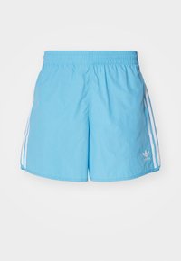 Svetle modré sportovní šortky vyrobené z hladkého materiálu. Obsahují bílé postranní pruhy a elastický pas. Na přední straně je bílé logo Adidas.