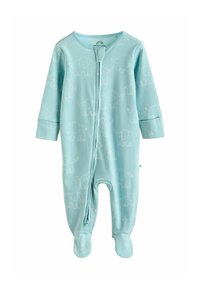Light blue baby onesie with white elephant patterns, long sleeves, covered feet, and a front zipper closure.