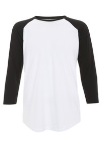 Vit raglan t-shirt med svarta trekvartsärmar och rund halsringning. Tillverkad av mjukt, slätt tyg; har en klassisk sportig design.