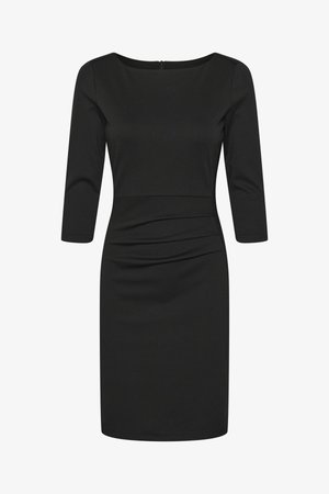 Black dress with a boat neckline, three-quarter sleeves, and a fitted silhouette. Features ruching detail at the waist. Smooth texture, knee-length.