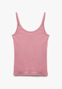 Lichtroze tanktop met dunne bandjes, ribbelstructuur en een aansluitend ontwerp. De halslijn is rond en de stof lijkt zacht en rekbaar.