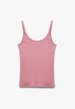 Helles rosa Tank-Top mit dünnen Trägern, gerippter Textur und körpernahem Design. Der Ausschnitt ist rund, und der Stoff wirkt weich und dehnbar.