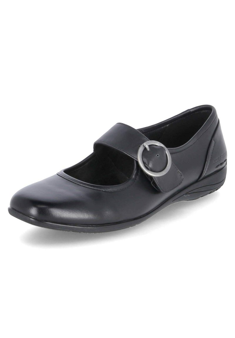 Czarne skórzane buty typu Mary Jane z okrągłym noskiem, z pojedynczym regulowanym paskiem z metalową klamrą oraz niską, teksturowaną podeszwą.