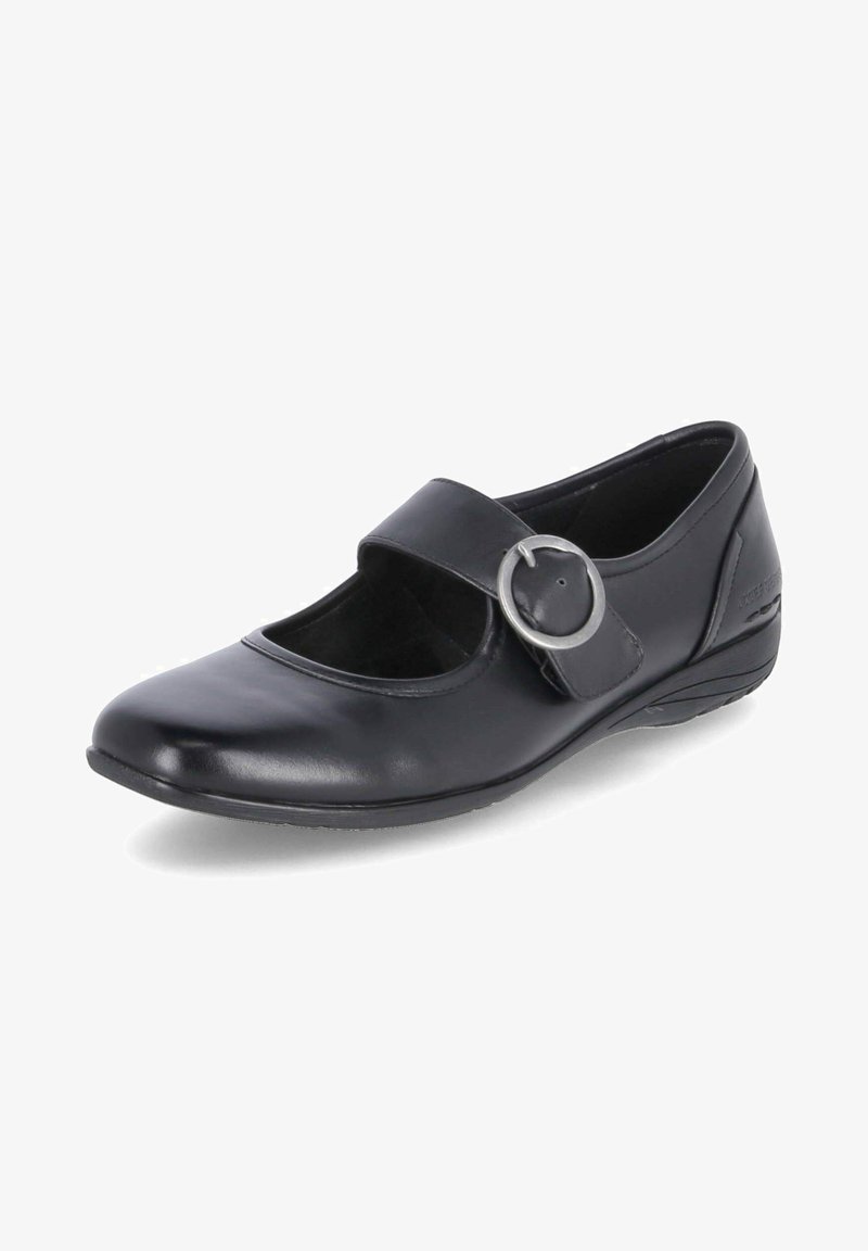 Chaussure Mary Jane noire en cuir avec un bout rond, une seule sangle ajustable avec une boucle en métal, et une semelle basse et texturée.