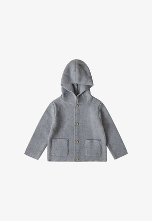 Cardigan en tricot gris avec capuche, fermeture à boutons à l'avant, texture côtelée et deux poches plaquées. Design simple et polyvalent.