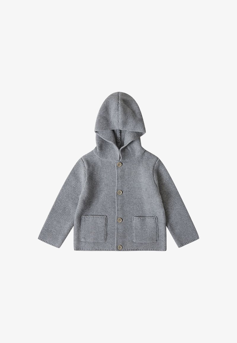 Grau gestrickte Strickjacke mit Kapuze, vorderem Knopfverschluss, gerippter Textur und zwei aufgesetzten Taschen. Einfaches, vielseitiges Design.