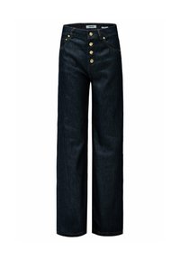 Jeans dritti blu scuro con quattro bottoni dorati sul davanti e cuciture arancioni a contrasto, dotati di tasche anteriori e posteriori.