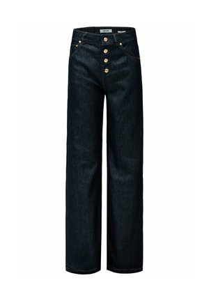 Jeans dritti blu scuro con quattro bottoni dorati sul davanti e cuciture arancioni a contrasto, dotati di tasche anteriori e posteriori.