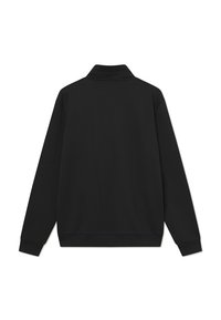 Sudadera negra de manga larga con cuello alto, puños y dobladillo acanalados. Tejido suave sin patrones ni acentos, mostrando la vista trasera.