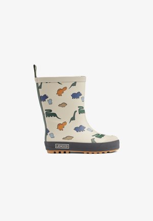 Botas de goma impermeables para niños con una base crema, que presentan coloridos estampados de dinosaurios en naranja, azul y verde, suela texturizada y asa de sujeción.