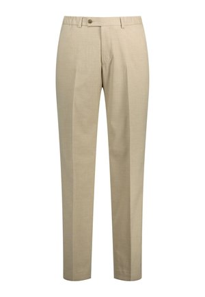 Beige maßgeschneiderte Herrenhose mit vorderen Falten, einem mit Knöpfen versehenen Bund und geraden Beinen, dargestellt vor weißem Hintergrund.