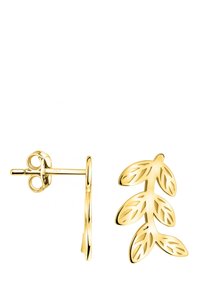 Örhängen i form av guldblad med utskurna detaljer, en polerad yta och en bakfäste med fjärilsklass för säker användning.