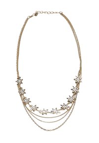 Naszyjnik w odcieniu złota z warstwowanymi łańcuszkami ozdobionymi zawieszkami w kształcie gwiazdek, z przejrzystymi kryształkami rhinestone dodającymi tekstury i wizualnego zainteresowania.