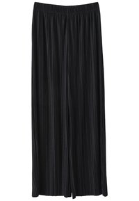 Svarta plisserade vida byxor med elastisk midja, tillverkade av lättviktig tyg, med vertikala veck och en slät yta.