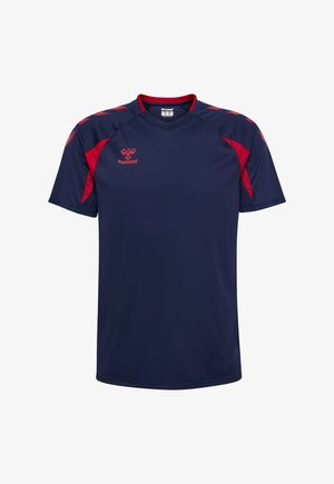 Mørkeblå kortærmet sportstrøje med røde accenter, v-hals og rødt hummel-logo på venstre bryst.