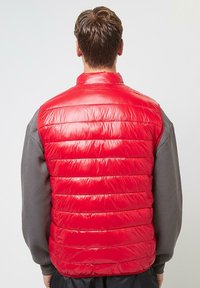 Red puffer vest featuring a high collar, horizontal quilted pattern, and shiny finish. Worn over a gray long-sleeve shirt, back view.