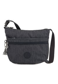 Dark grey fabric crossbody bag with a textured finish, top zipper closure, front pocket, and patterned adjustable strap. Includes charm detail.