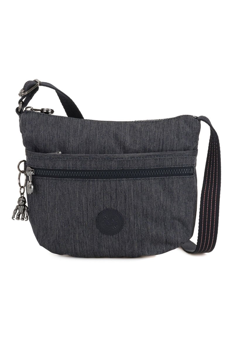 Dark grey fabric crossbody bag with a textured finish, top zipper closure, front pocket, and patterned adjustable strap. Includes charm detail.